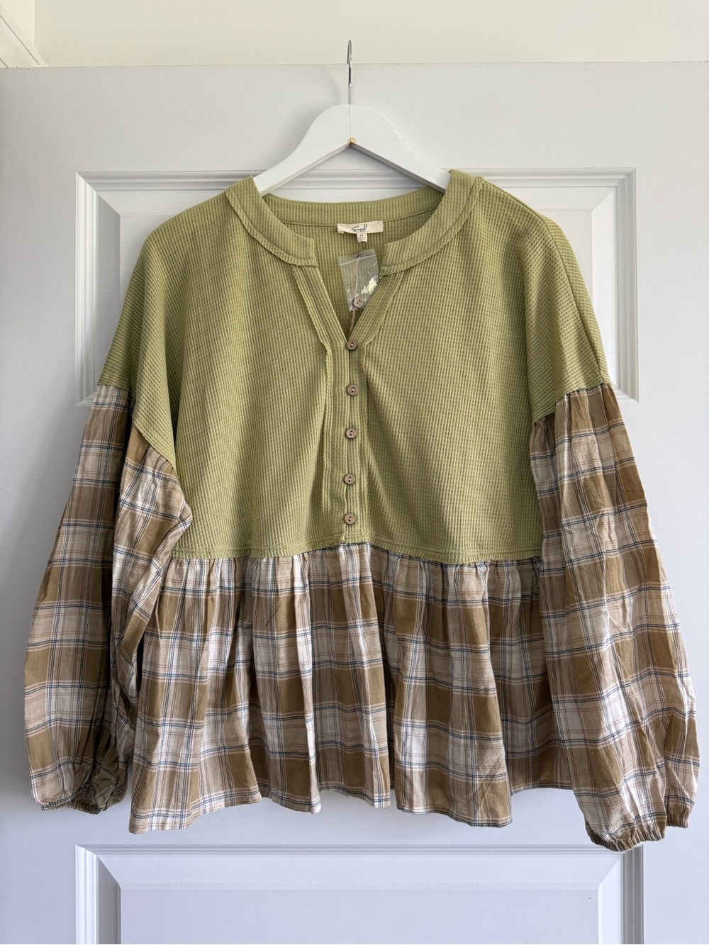 Easel Waffle Knit Plaid Top NWT